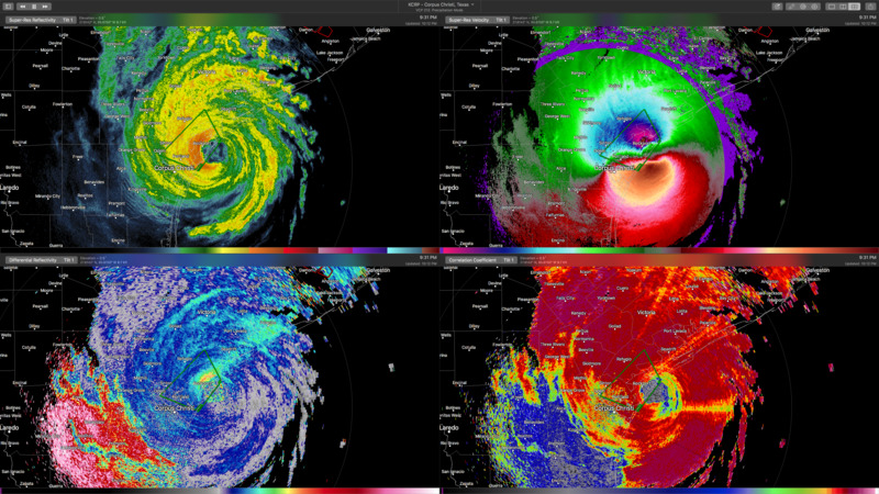 Radarscope Panes: Top left: Reflectivity, Top Right: Velocity, Bottom Left: Differential Reflectivity, Bottom Right: Correlation Coefficient
